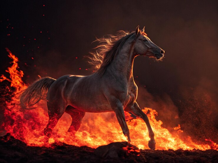 Un caballo majestuoso rodeado de fuego rojo