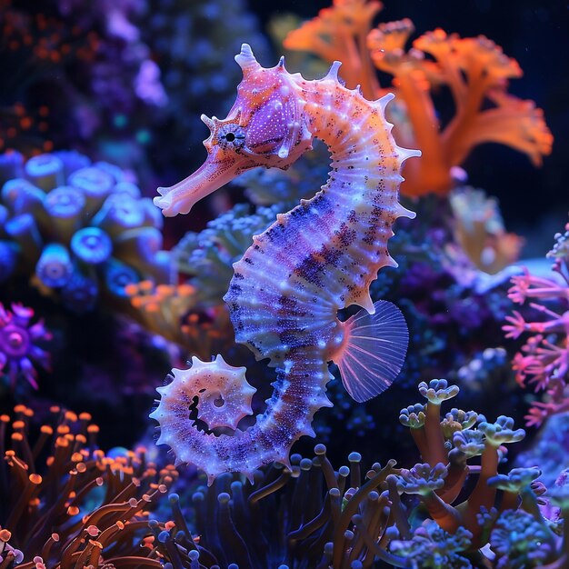 Foto un caballo de mar está en un acuario con muchos colores