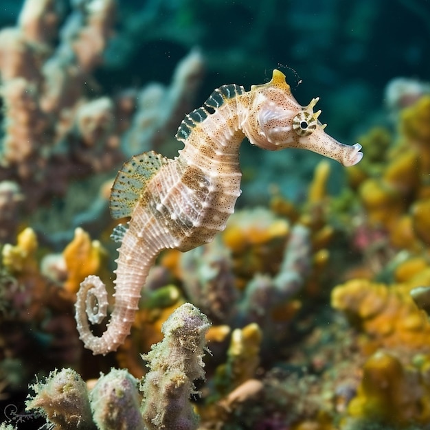 un caballo de mar está nadando en un coral submarino