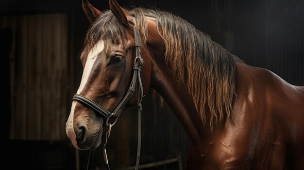 Un caballo marrón y blanco con un fondo negro