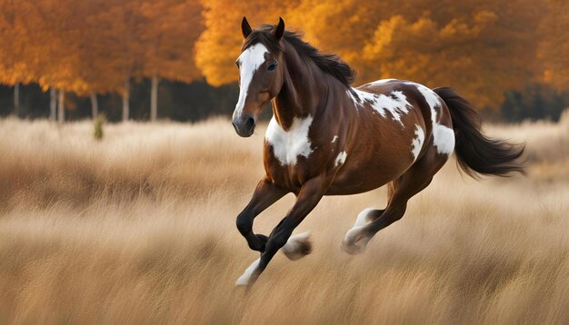 Foto un caballo marrón y blanco con una mancha blanca en la cabeza está corriendo en un campo con árboles en el fondo