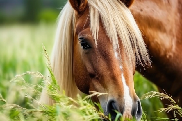 Caballo marrón con cabello rubio come hierba en un prado verde detalle de la cabeza