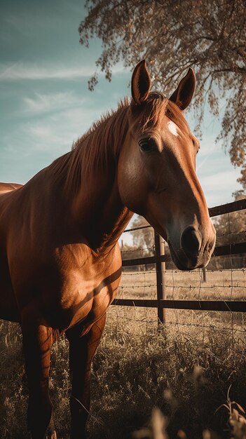 Un caballo marrón en un campo con un cielo azul detrás