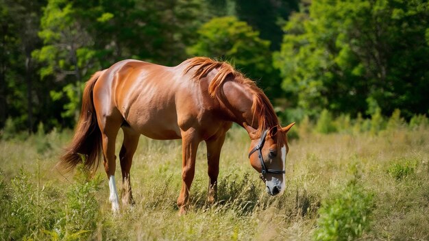 Caballo marrón en un campo rodeado de vegetación bajo la luz del sol