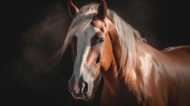 un caballo marrón con la cara blanca y una raya blanca en la cabeza.