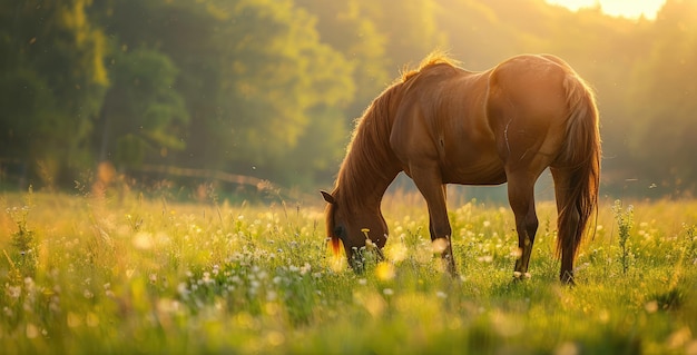 Caballo marrón castaño pastando en el campo verde en un día de verano al amanecer