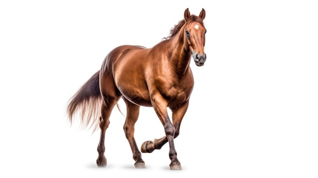 un caballo marrón con una cola larga corriendo sobre un fondo blanco