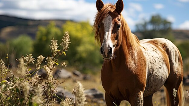 un caballo marrón con una franja blanca en la cabeza