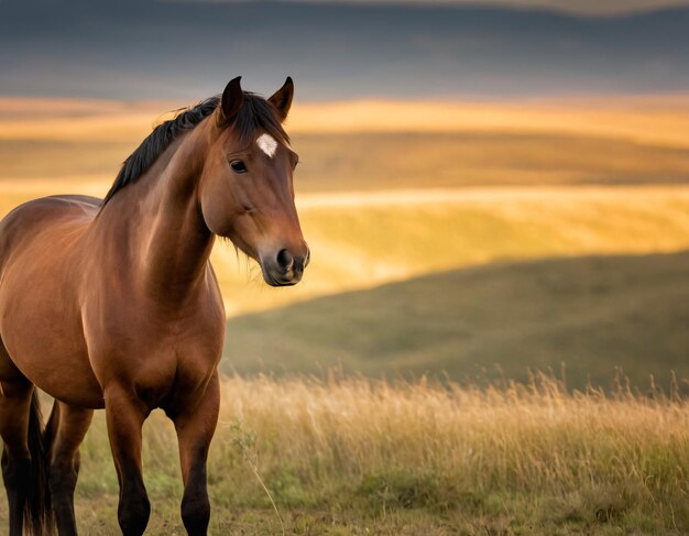 un caballo marrón con una melena negra se encuentra en un campo con una puesta de sol en el fondo