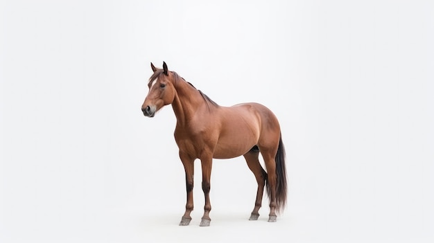 Un caballo marrón con melena negra se para frente a un fondo blanco.