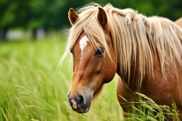 Caballo marrón con pelo rubio come hierba en un prado verde detalle de la cabeza