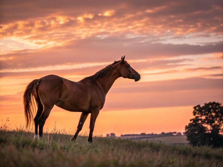 Un caballo marrón de pie en el cálido resplandor de la puesta de sol