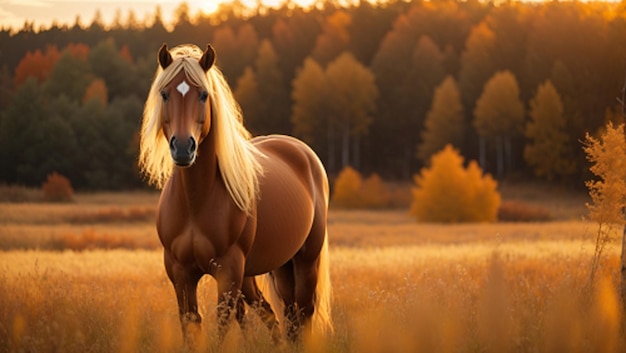 Caballo marrón Poni galés con larga melena rubia de pie en la hierba alta en otoño al atardecer y el bosque