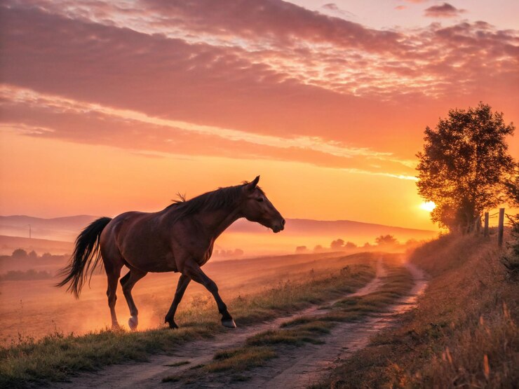 Un caballo marrón troteando a través del campo al amanecer