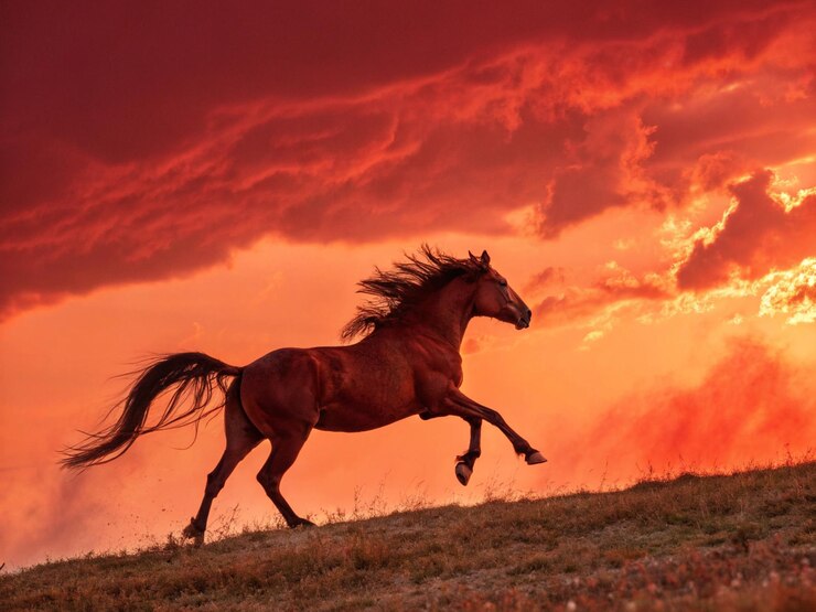 Un caballo marrón troteando a través del campo al amanecer