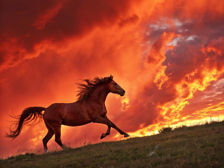 Un caballo marrón troteando a través del campo al amanecer
