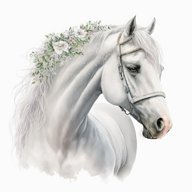 Un caballo de melena blanca y flores blancas en la cabeza.