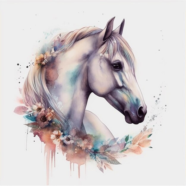 Un caballo con melena blanca y flores.