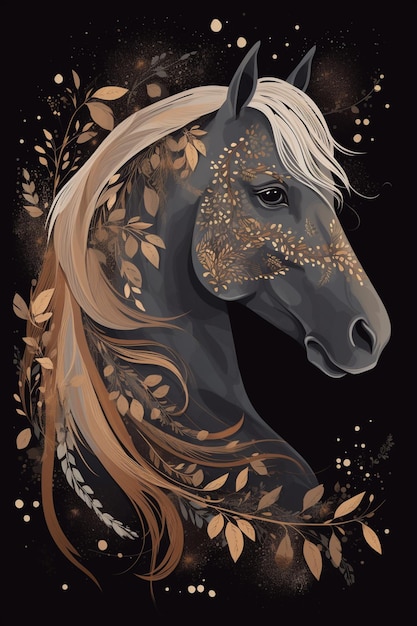 Un caballo con melena blanca y hojas doradas.
