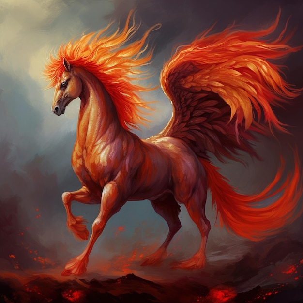Un caballo con melena y cola de fuego con cabeza y cola rojas.