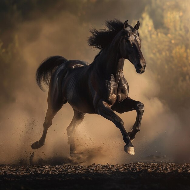 un caballo con una melena corriendo en el polvo