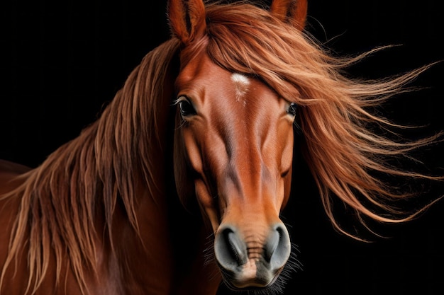 un caballo con una melena larga en un fondo negro