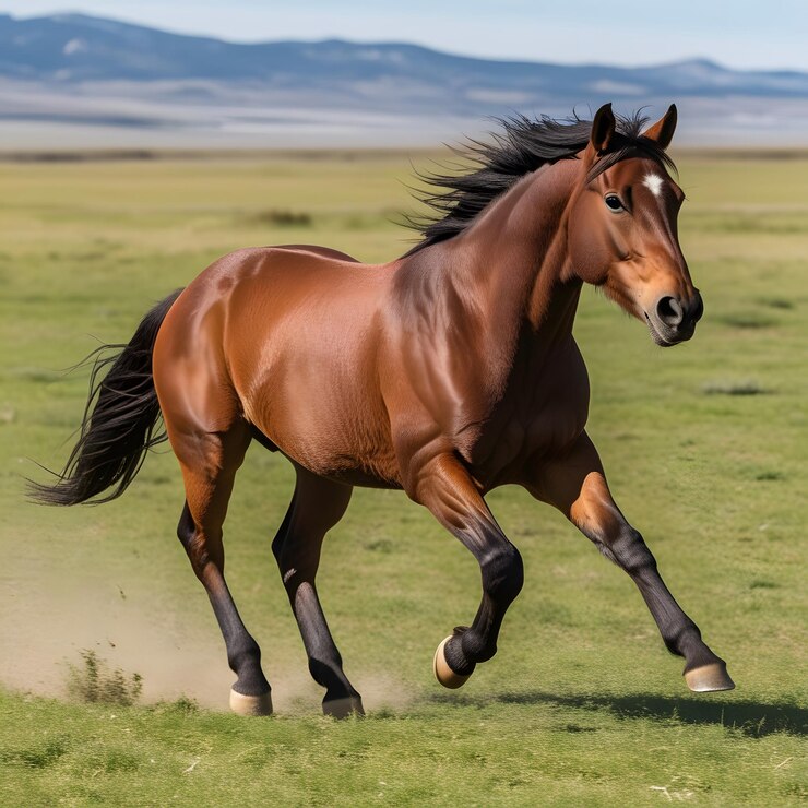 un caballo con una melena negra corriendo en un campo