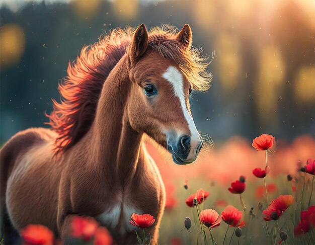 Un caballo con una melena roja se encuentra en un campo de flores rojas