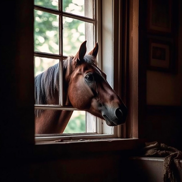 Foto el caballo mira por la ventana de una casa una foto de la cabeza del animal de compañía desde la ventana naturaleza