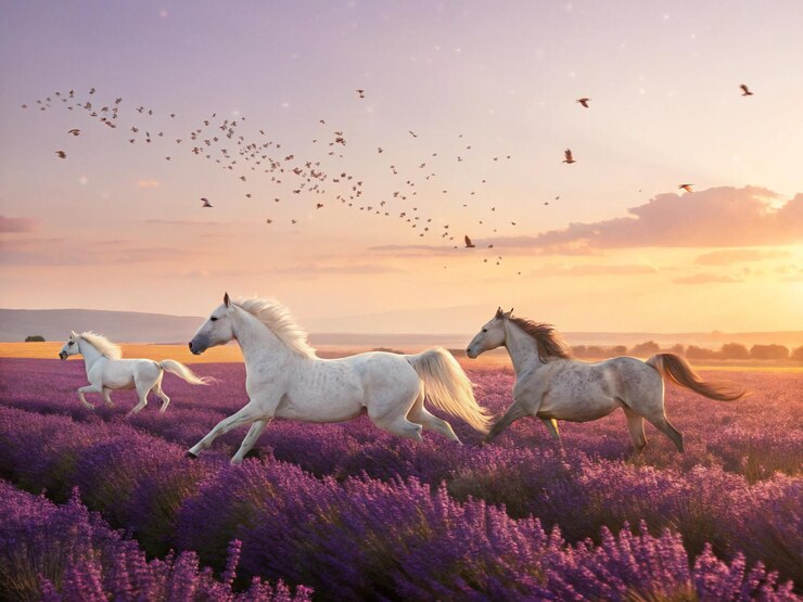 Un caballo misterioso con un pelaje negro salpicado de estrellas se mueve a través de un bosque de otoño las hojas de color cobre que caen brillan en la luz dorada creando una encantadora escena estacional