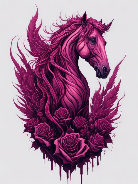 Un caballo morado con rosas en la espalda.