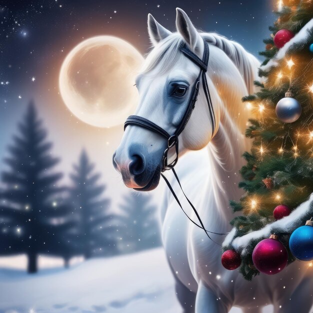 Foto caballo en navidad nieve con luz de luna