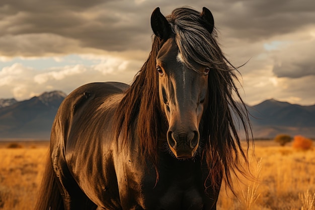 Caballo negro en un campo dorado mirada serena Bosque y montañas en el fondo generativo IA