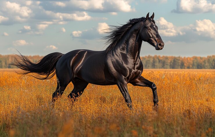 El caballo negro corre por un campo