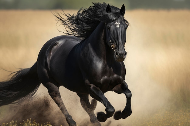 Caballo negro corriendo en el campo creado con IA generativa