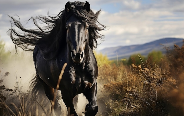 Un caballo negro corriendo por un campo de hierba alta AI