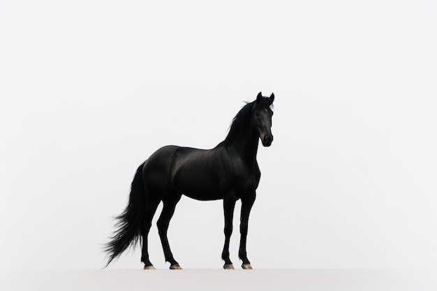 Un caballo negro se encuentra en un cielo de niebla blanca.