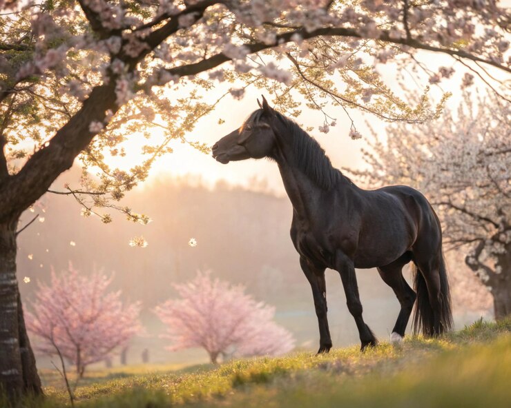 Caballo negro con frutas de flores blancas