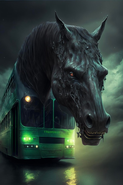 Caballo negro grande que se coloca al lado de un ai generativo del autobús verde