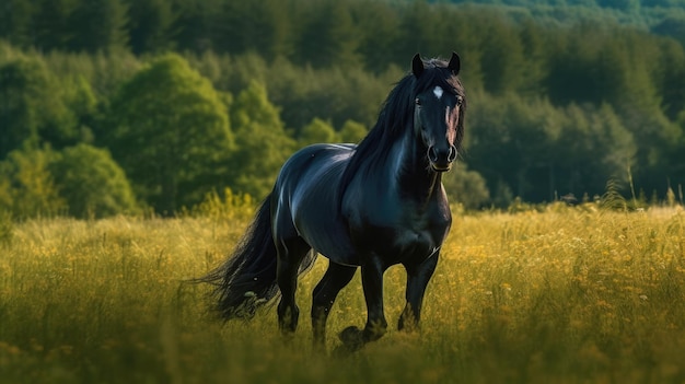 Un caballo negro con una mancha blanca en la cara camina por un campo.