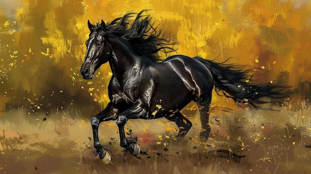 un caballo negro con una melena negra corriendo por un campo