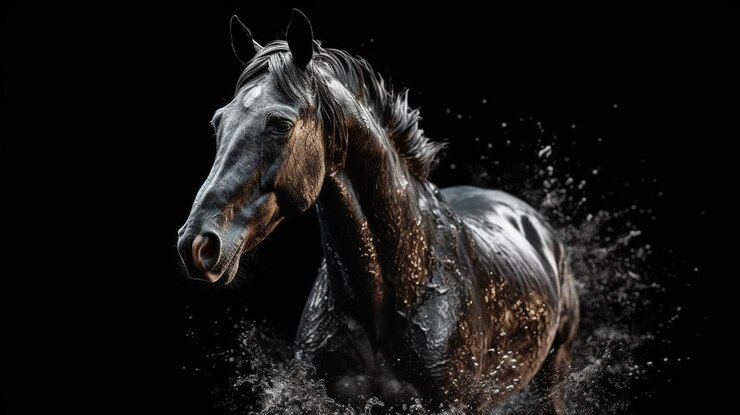 Caballo negro con salpicaduras de agua sobre un fondo negro generativo ai
