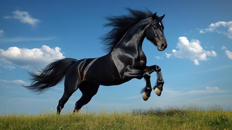 El caballo negro salta con fuerza
