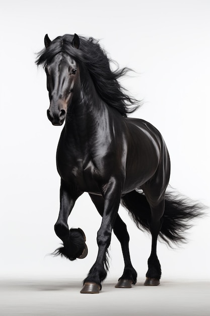 Un caballo negro sobre un fondo blanco