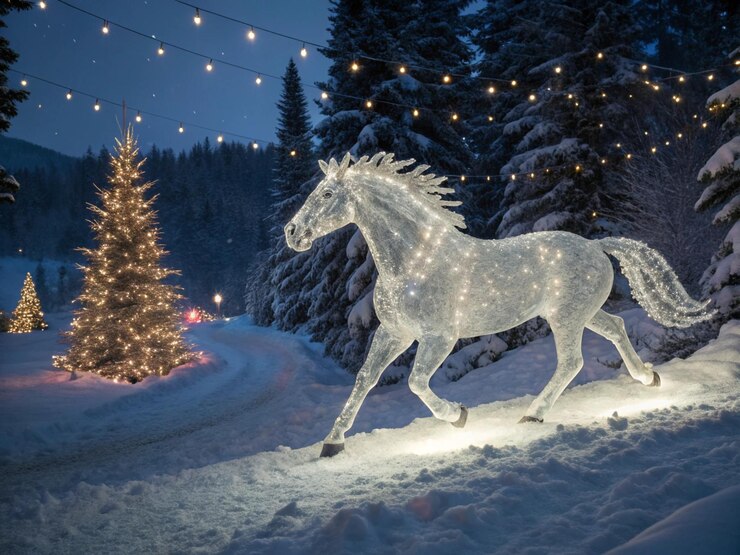 Un caballo de nieve que parece esculpido de hielo y cristal camina a través de un país de las maravillas invernales