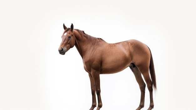 Un caballo parado frente a un fondo blanco.