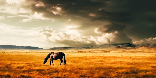 Foto un caballo pastando en un hermoso campo