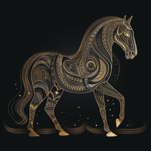 Un caballo con un patrón en su cuerpo y la palabra caballo en él.
