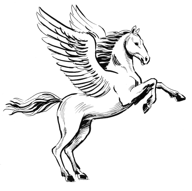 Caballo pegaso volador. Dibujo a tinta en blanco y negro