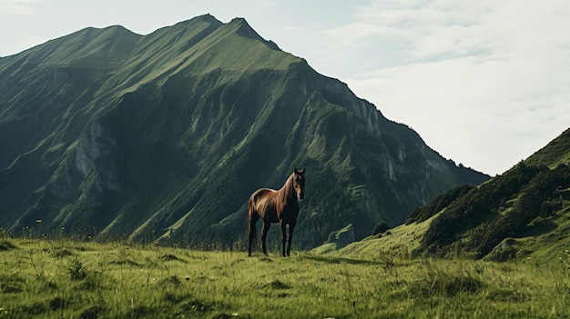 un caballo de pie en un campo de hierba frente a una montaña